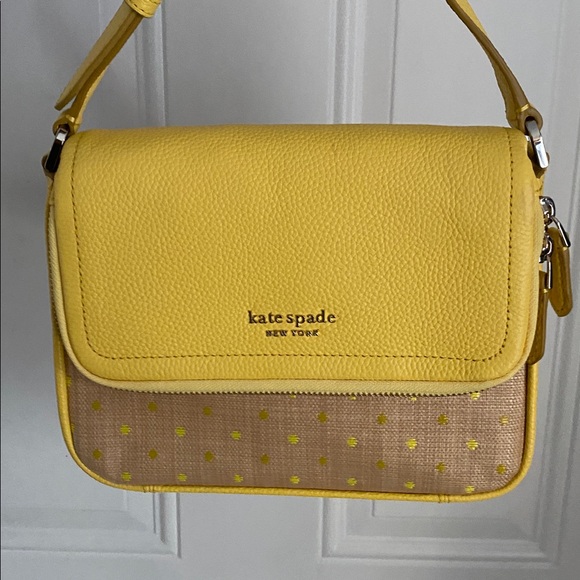 kate spade Handbags - Kate Spade NY Yellow Leather 'Run Around Raffia' Dot Large Flap Crossbody Bag